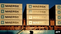 FILE - Containers of Danish shipping and logistics company Maersk are seen in Copenhagen, Denmark, on Sept. 14, 2023. 