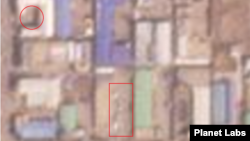 전자제품 생산업체 밀집 구역을 촬영한 ‘플래닛 랩스’의 9일 자 위성사진. 제시콤(사각형 안) 부지에 버스로 보이는 차량 여러 대가 보이고, ‘에스제이-지에스’의 공장 앞 공터(원 안)에 하얀색 물체가 흐릿하게 포착됐다. 자료=Planet Labs