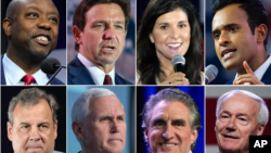 Հանրապետականների առաջին բանավեճի մասնակիցները: Ձախից աջ՝ Թիմ Սքոթ, Ռոն ԴեՍանտիս, Նիկի Հեյլ, Վիվեկ Ռամասվամի, Քրիս Քրիստի, Մայք Փենս, Դագ Բուրգում ու Ասա Հաթչինսոն: