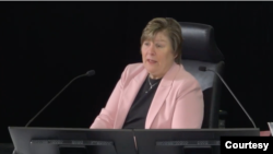 FILE - Commissioner Marie-Josée Hogue dressing the Foreign Interference Commission in Ottawa on March 27, 2024. (Photo courtesy of video stream from the Foreign Interference Commission)