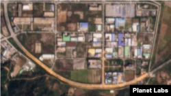 개성공단을 촬영한 10월 5일 자 위성사진. 남쪽 부분 도로와 중심 부분 도로가 곡식으로 추정되는 물체로 인해 노랗게 물들어 있다. 사진=Planet Labs