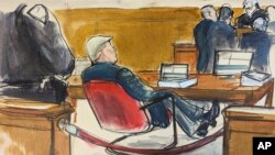 Në skicë duket ish-presidenti Trump që pret në karrige ndërsa përfaqësuesit ligjorë i janë afruar gjykatësit (Nju Jork, 26 prill 2024)