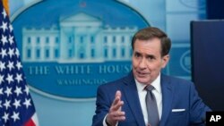 FILE - National Security Council spokesman John Kirby speaks during the daily briefing at the White House in Washington, Sept. 13, 2023. 