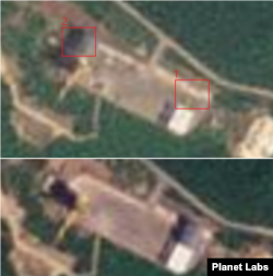 29일 동창리 서해위성발사장의 이동식 조립 건물이 기존에 있던 지점(1번)에서 약 140m 떨어진 발사대 바로 옆 지점(2번)으로 이동해 있다. 아래는 이동하기 전 모습이 나타난 23일 자 위성사진. (위성 촬영=플래닛 랩스)