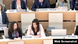 미국 국무부의 줄리 터너 북한인권특사가 18일 스위스 제네바에서 열린 유엔 인권이사회에서 발언하고 있다.