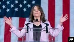 Self-help author Marianne Williamson speaks to the crowd as she launches her 2024 presidential campaign in Washington, March 4, 2023. 