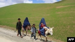 Perempuan Afghanistan berburka mengendarai keledai bersama anak-anak di jalan dekat desa Shah Mari di distrik Argo, provinsi Badakhshan, 1 Mei 2024. (OMER ABRAR / AFP)
