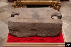 The Stone of Destiny is seen during a welcome ceremony ahead of the coronation of Britain's King Charles III, in Westminster Abbey, London, April 29, 2023.