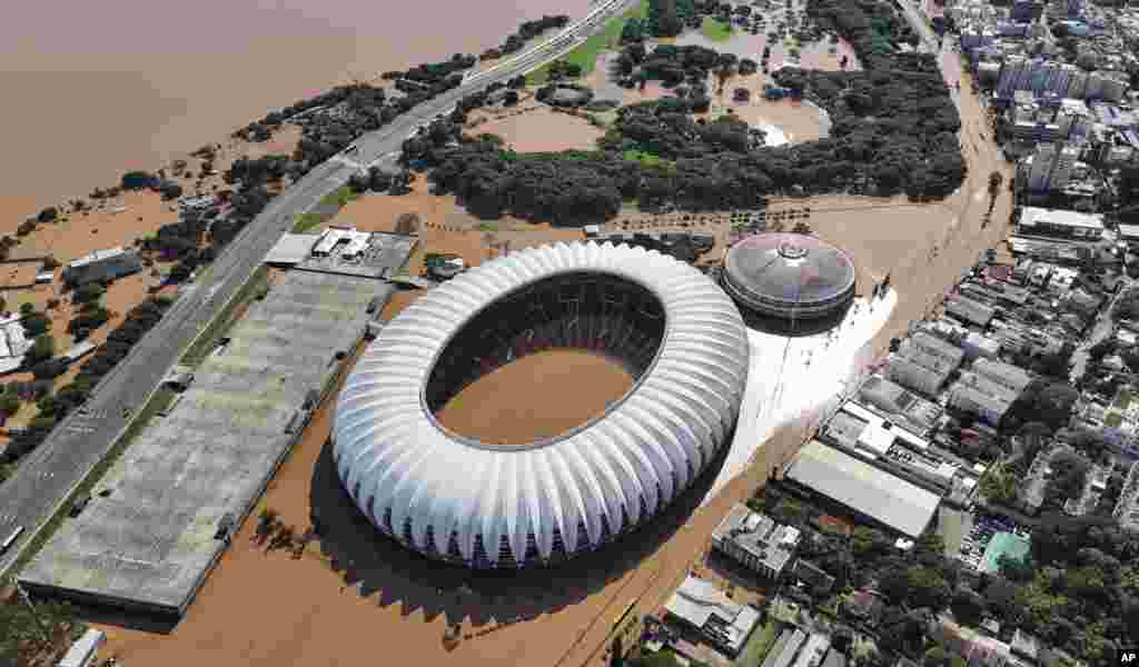 Beira Rio stadium is seen flooded after heavy rain in Porto Alegre, Rio Grande do Sul state, Brazil.