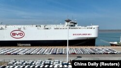 在中国江苏连云港等候装船出口的比亚迪电动车。（2024年4月25日）