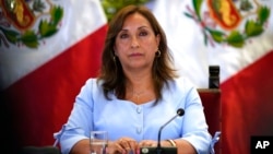 FILE - Peruvian President Dina Boluarte gives a press conference at the government palace in Lima, Peru, Feb. 10, 2023. 