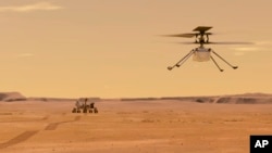 This illustration, made available by NASA, depicts the Ingenuity helicopter on Mars after launching from the Perseverance rover, shown in the background left. (NASA/JPL-Caltech via AP)