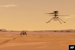 This illustration, made available by NASA, depicts the Ingenuity helicopter on Mars after launching from the Perseverance rover, shown in the background left. (NASA/JPL-Caltech via AP)