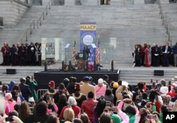 U.S. Vice President Kamala Harris speaks to a crowd at the NAACP's MLK Day at the Dome rally at the South Carolina Statehouse, Jan. 15, 2024.