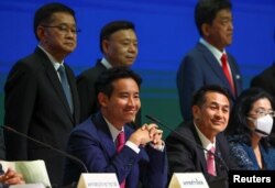 FILE - Move Forward Party leader Pita Limjaroenrat attends a press conference to announce the party's agreement with coalition partners in Bangkok, May 22, 2023.