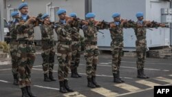La Monusco, qui compte actuellement quelque 13.500 militaires et 2.000 policiers, est encore présente dans les trois provinces les plus troublées de l'est congolais, le Sud et le Nord-Kivu ainsi que l'Ituri. (Photo by Guerchom Ndebo / AFP)