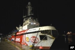 The ship belonging to the Open Arms aid group is seen docked as it prepares to ferry some 200 tons of rice and flour directly to Gaza, at Larnaca harbor, Cyprus, on March 8, 2024.