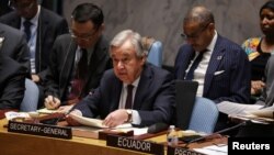 អគ្គលេខាធិការអង្គការសហប្រជាជាតិលោក Antonio Guterres ថ្លែងនៅក្នុងកិច្ចប្រជុំរបស់ក្រុមប្រឹក្សាសន្តិសុខប្រចាំអង្គការសហប្រជាតិស្តីអំពីវិបត្តិមនុស្សធម៌ក្នុងសង្គ្រាមអ៊ីស្រាអែលនិងហាម៉ាស់ នៅទីក្រុងញូវយ៉ក កាលពីថ្ងៃទី៨ ខែធ្នូ ឆ្នាំ២០២៣។