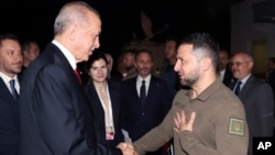 Турскиот претседател Реџеп Таип Ердоган се ракува со украинскиот претседател Володимир Зеленски на крајот на нивниот состанок во Истанбул, Турција, на почетокот на 8 јули 2023 година