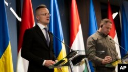 Унгарскиот министер за надворешни работи Петер Сијарто зборува за време на прес-конференција со неговиот украински колега Дмитро Кулеба во Украина, 29 јануари 2024 година