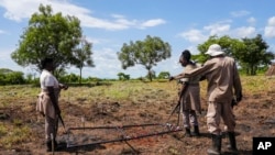 Deminers from the Mines Advisory Group (MAG) do clearance at a site containing cluster munitions in Ayii, Eastern Equatoria state, in South Sudan Thursday, May 11, 2023. (AP Photo/Sam Mednick)