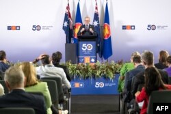 Perdana Menteri Australia Anthony Albanese dalam konferensi pers pada akhir KTT Khusus ASEAN-Australia 2024 di Melbourne, 6 Maret 2024. (Penny STEPHENS / KTT Khusus ASEAN-Australia 2024 / AFP)