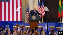 U.S. President Joe Biden addresses the public during an event at Vilnius University on the sidelines of a NATO summit in Vilnius, Lithuania, July 12, 2023.