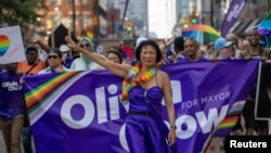 FILE - Olivia Chow, who is running in Toronto's mayoral election, turns out to support LGBTQ rights during the Pride march in Toronto, Ontario, Canada June 25, 2023. 