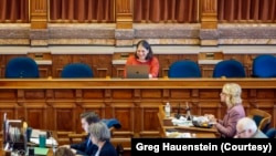 Journalist Laura Belin in the Iowa House of Representatives after a five-year fight to secure media credentials. (Image Credit: Greg Hauenstein)