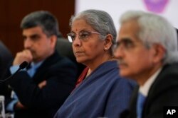 Indian Finance Minister Nirmala Sitharaman addresses the media after a meeting of G20 finance chiefs in Gandhinagar, India, July 18, 2023.