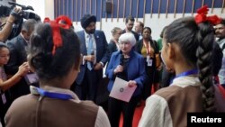 US Treasury Secretary Janet Yellen and World Bank President Ajay Banga interact with the students during their visit to Vidya Samiksha Kendra at Gandhinagar, India, July 16, 2023. 