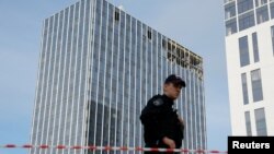 ساختمانی در مسکو که هدف حملهٔ طیارهٔ بی‌سرنشین اوکراین قرار گرفت.