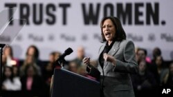 Vice President Kamala Harris speaks at the International Union of Painters and Allied Trades District Council 7, Jan. 22, 2024, in Big Bend, Wis. Harris is embracing her position as the Democrats' leading abortion rights champion in this year's election.