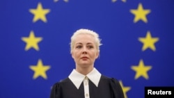 FILE - Yulia Navalnaya, the widow of Alexey Navalny, the Russian opposition leader who died in a prison camp, addresses the European Parliament, in Strasbourg, France, Feb. 28, 2024.