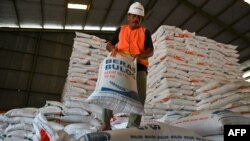 Seorang pekerja menangani karung beras yang diimpor dari Thailand di gudang Biro Logistik Indonesia (BULOG) di Lambaro, provinsi Aceh, 16 Mei 2023. (CHAIDEER MAHYUDDIN / AFP)