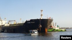 The Russian cargo ship Pure Point, carrying crude oil, is seen anchored at the port in Karachi, Pakistan, June 11, 2023. (Karachi Port Trust/Handout via Reuters)
