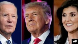 Le président Joe Biden, l'ancien président Donald Trump et la candidate républicaine à la présidentielle, l'ancienne ambassadrice de l'ONU Nikki Haley s'exprime. (Photo AP)