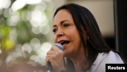 Venezuelan opposition presidential candidate Maria Corina Machado addresses supporters during an event in Caracas, Venezuela, Jan. 23, 2024. 