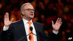 Australian Prime Minister Anthony Albanese gestures during a community event in Sydney on May 23, 2023.