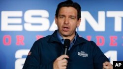 FILE - Then-Republican presidential candidate Florida Gov. Ron DeSantis speaks during a campaign event in Hampton, New Hampshire, Jan. 17, 2024.