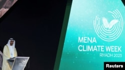 Sultan Ahmed Al Jaber, the Minister of Industry and Advanced Technology of the United Arab Emirates, speaks during the opening ceremony of the Middle East and North Africa climate week in Riyadh, Saudi Arabia, Oct. 8, 2023.
