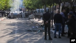 NATO Kosovo Force soldiers guard a municipal building after clashes with Kosovo Serbs in the town of Zvecan, northern Kosovo, May 29, 2023.
