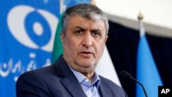 FILE - Head of the Atomic Energy Organization of Iran Mohammad Eslami speaks at a press conference in Tehran, Iran, March 4, 2023. 