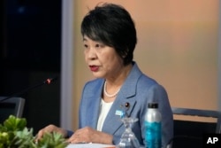 가미카와 요코 일본 외무상이 14일 아시아태평양경제협력체(APEC) 회의가 열리는 미국 샌프란시스코에서 개최된 미한일 외교장관회담에서 발언하고 있다.