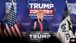 Former President Donald Trump speaks at a campaign rally at Terrace View Event Center in Sioux Center, Iowa, Jan. 5, 2024.