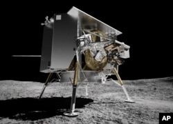 This illustration provided by Astrobotic Technology in 2024 depicts the Peregrine lunar lander on the surface of the moon. Its expected launch date is Monday, Jan. 8, 2024. (Astrobotic Technology via AP)