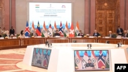Piyush Goyal, India's Minister of Commerce and Industry, addresses diplomats at the signing ceremony of Trade and Economic Partnership Agreement between India and EFTA in New Delhi, March 10, 2024. (Indian Press Information Bureau/AFP) 