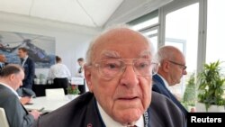 FILE - Veteran Ken Hay, 98, an ambassador for the British Normandy Memorial who reinforced Juno Beach and took part in the Battle of Normandy in 1944, is seen at the Royal International Air Tattoo, in Fairford, Britain on July 14, 2023.