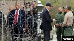 Presiden Joe Biden dan Donald Trump, mengunjungi dua tempat berbeda di perbatasan yang memisahkan Texas dari Meksiko pada Kamis (29/2). (Foto: Reuters)