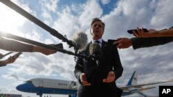 U.S. Secretary of State Antony Blinken speaks to the media about his meetings with Turkish counterparts before departing from Ankara Esenboga Airport in Ankara, Turkey, Nov. 6, 2023.